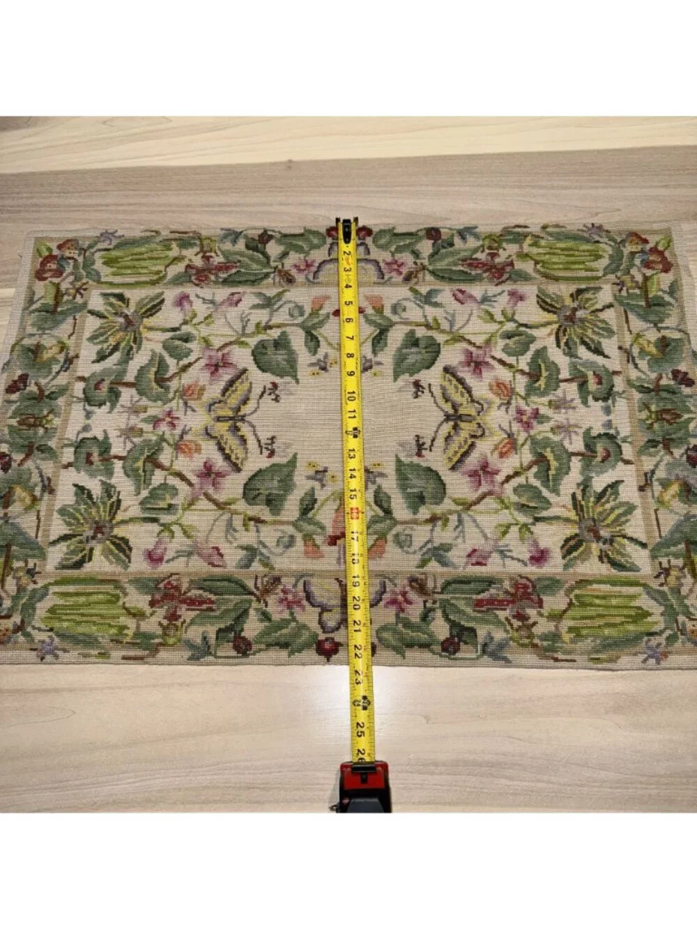 Needlepoint Hand Embroidered Aubusson Style Tapestry Mat Green Botanical Print 3